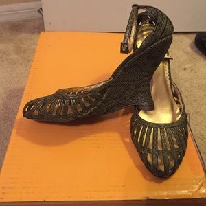 Green Leather Snake Skin Wedges