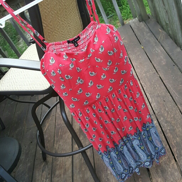 Red, blue, and white paisley sundress