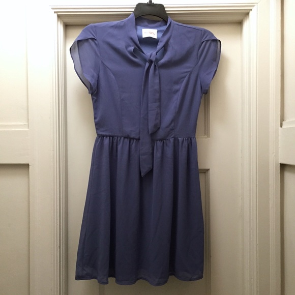 Dusty Blue Neck Tie Mini Dress by Moon