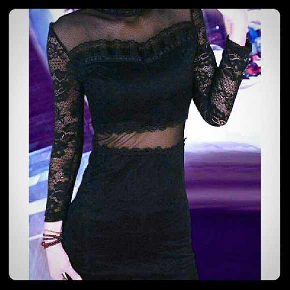 Long sleeve see thorough black party club dress