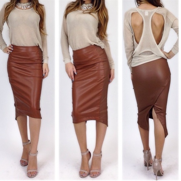 Chestnut pencil leather skirt