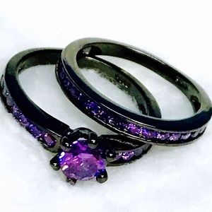10K Black Gold Amethyst Sapphire 2pcs Ring Set