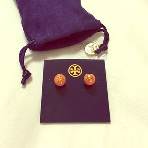 Tory Burch Coral/Shiny Gold Evie Stud Earrings