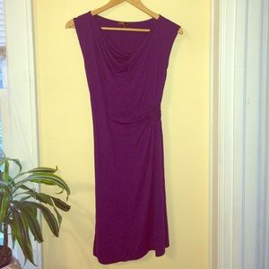 Purple dress with side ruching gathering.