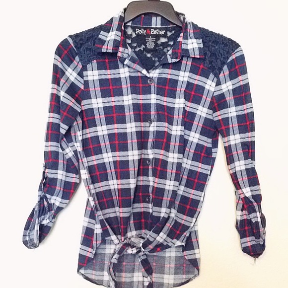 Blue tie-front plaid shirt