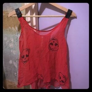 Red sheer skull loose tank with pleather straps