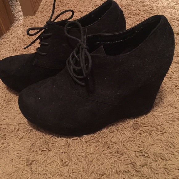 Black lace up, suede wedge booties