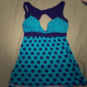 Blue and black polkadotted tank top