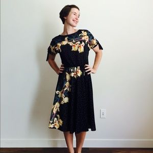Vintage 1960s Black Floral Flare Dress
