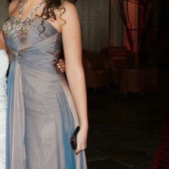 Camille La Vie taupe iridescent formal prom dress