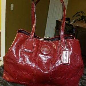 Red soft patent leather coach bag w/stitched C's