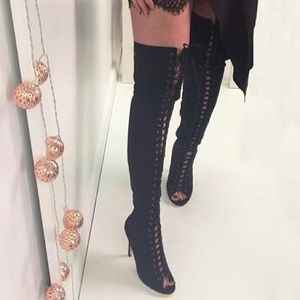 Olivia Long Boots in Black Faux Suede