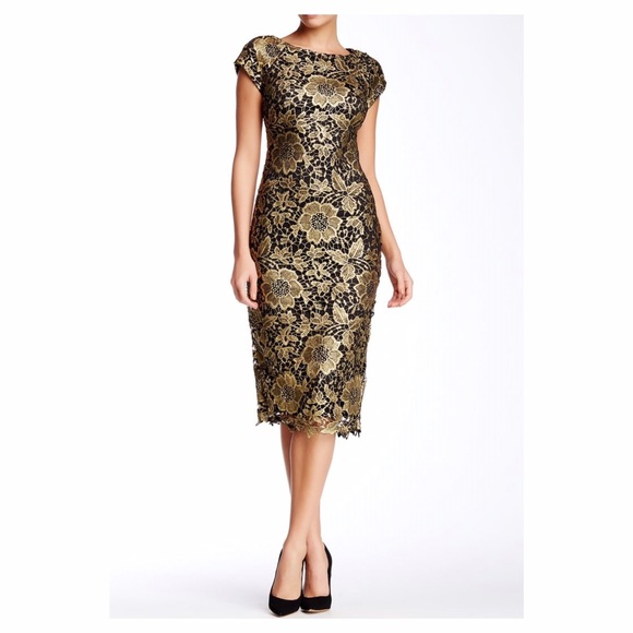 Gold and black lace midi dress