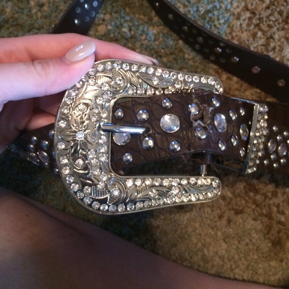 Brown bedazzled cow girl belt with buckle main image 4