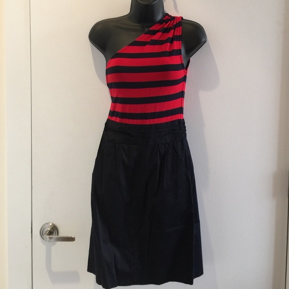 One shoulder navy/red stripped dress