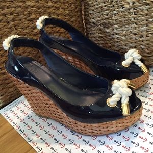 Tory Burch Nautical Themed Navy Wedges
