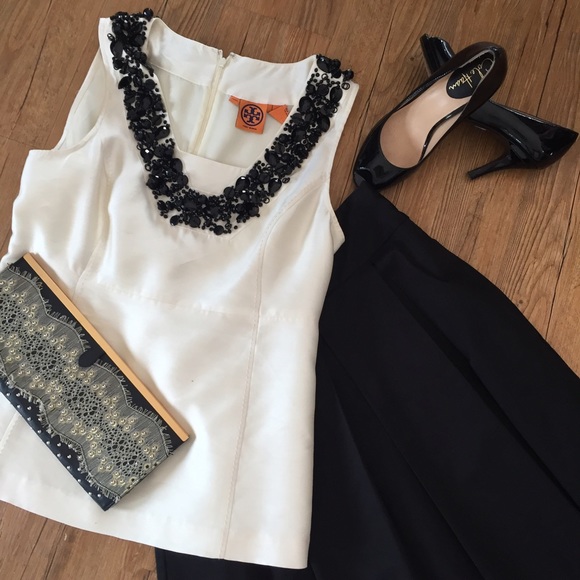TORY BURCH Cream Beaded Silk Top Size 10