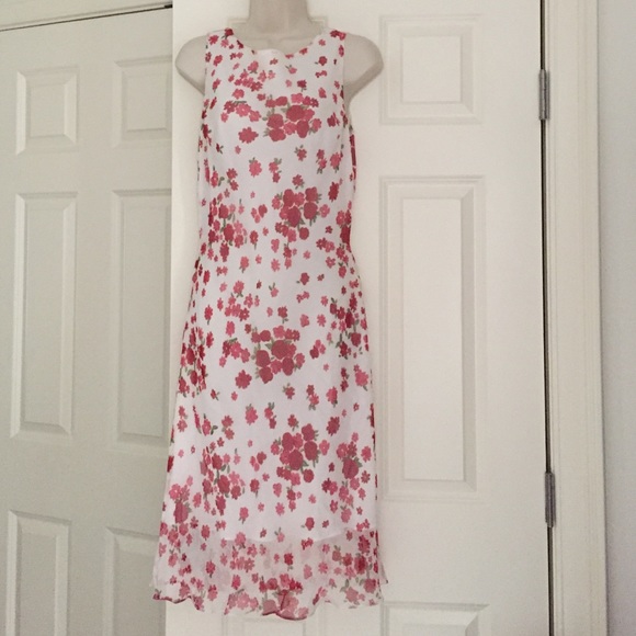White/Red silk floral dress. Size 6
