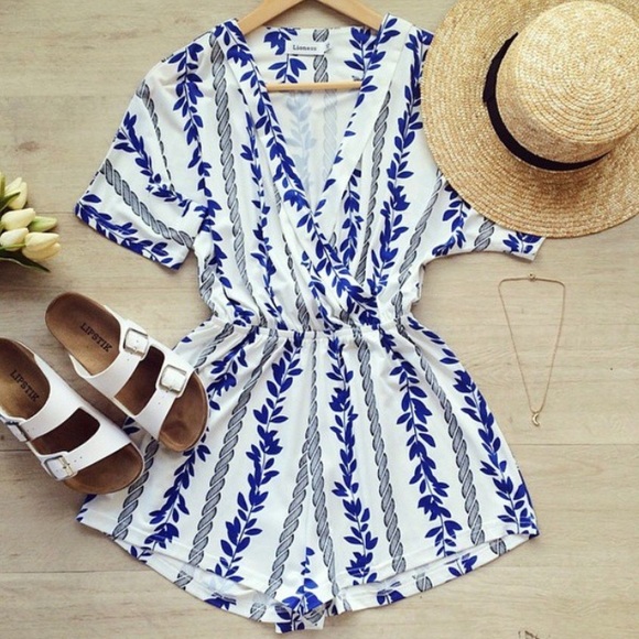 Blue and white floral romper