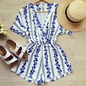 Blue and white floral romper