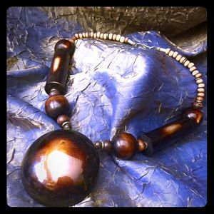 Polished Natural Wood Boho Chic Bead Necklace