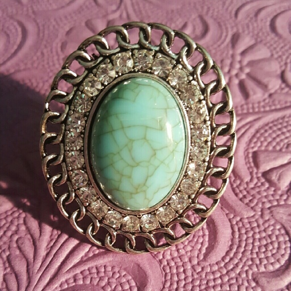 Silver Turquoise & Crystal statement ring