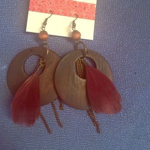 Wood & Feather Brown Dangling Hoops