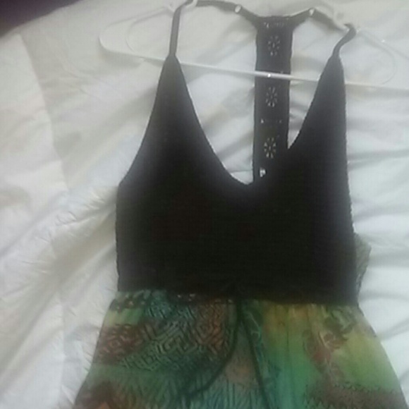 Long maxi dress with brown crochet top.