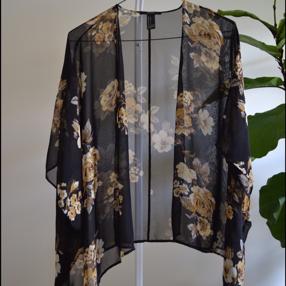 Black and Yellow Floral Printed Sheer Kimono