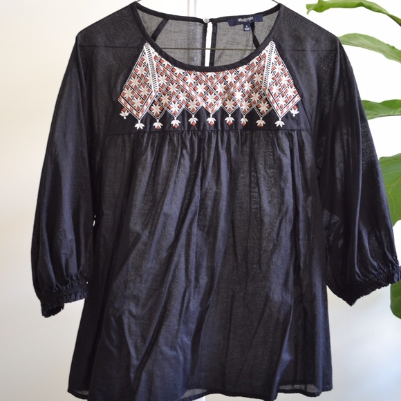 Black Peasant Blouse with Tan and White Embroidery