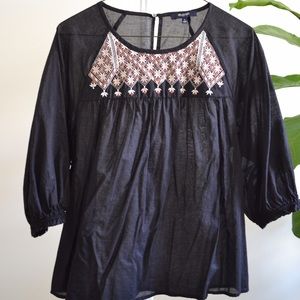 Black Peasant Blouse with Tan and White Embroidery