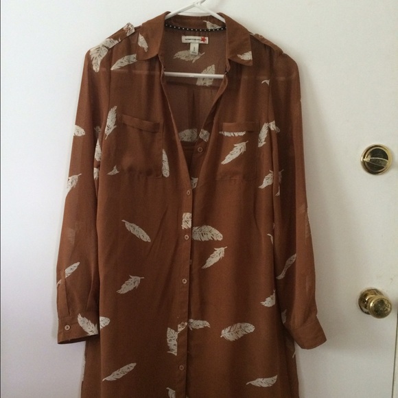 Tan feather print shirt dress with slip