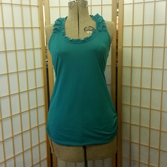Teal racer back tank with ruffle detail