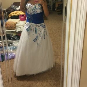 White and blue ball gown prom dress