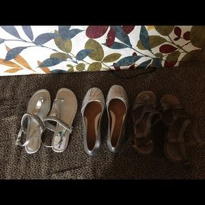 2 sandals size 7.5, silver flats size 8