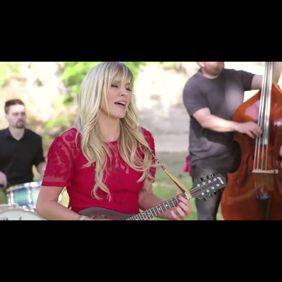Red dress with lace detail.