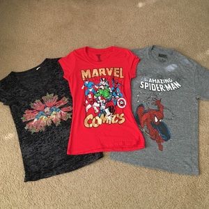3 superhero shirts. 2 marvel, 1 DC