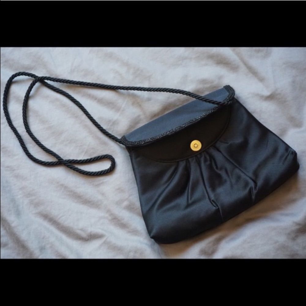 Vintage Black Satin Beaded Clutch Bag