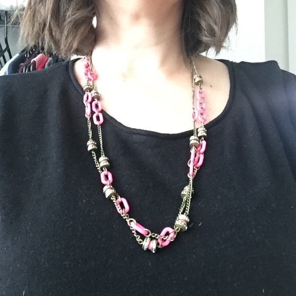 Mid length hot pink and crystal beaded necklace