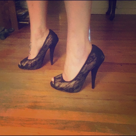 Black Lacey peep toe heels