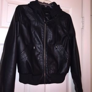 Hooded faux leather jacket