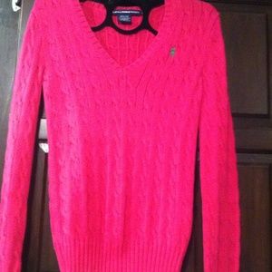 Ralph Lauren V-Neck Cable Knit Sweater HOT PINK!!!