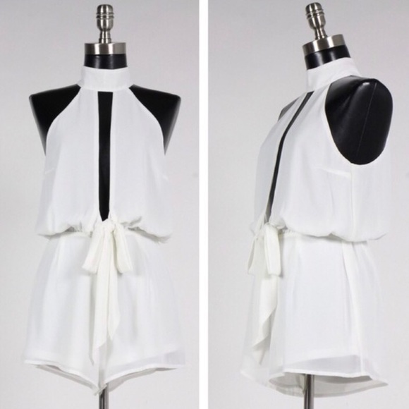 White Chiffon High Neck Plunging Chiffon Romper - Picture 4 of 4