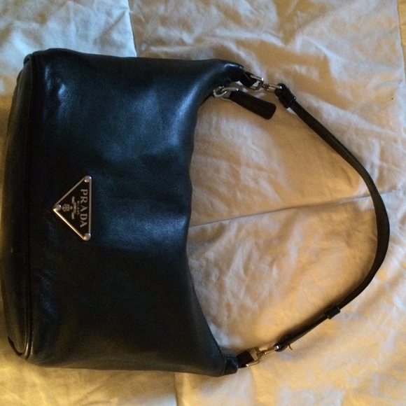 Auth PRADA small lamb skin bag black