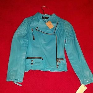 Michael Kors leather turquoise jacket