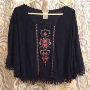Navy Blue Suede Fringe Top