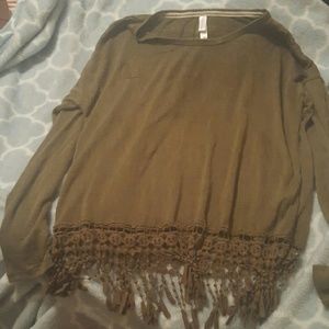 Army Green Long Sleeve Fringe shirt