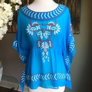 Aryn K. Blue Embroidered Synched Chiffon Blouse Aryn K. Blue Embroidered Synched Chiffon Blouse
