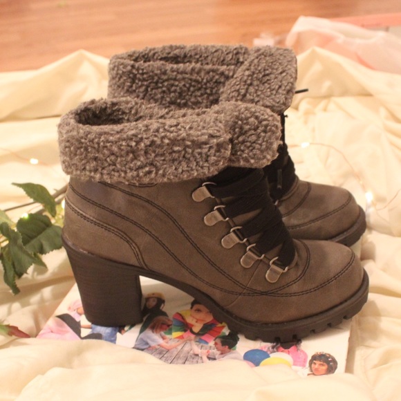 Olive Fleece Trim Chunky Heel Booties