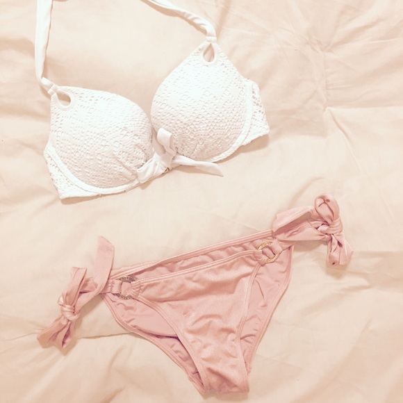 White & Coral Pink Cheeky Bikini Set